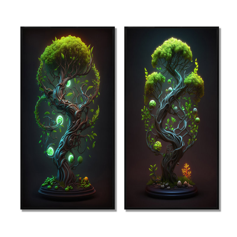 «Neon Bonsai Swirl Tree V», 2 pièces, H 32 po x l 32 po, Cadre noir