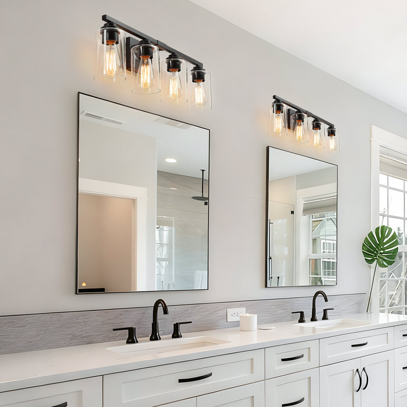 Luminaire de salle de bain à 4 lumières à intensité variable noir mat avec abat-jour en verre transparent 27,09 po, Noir mat