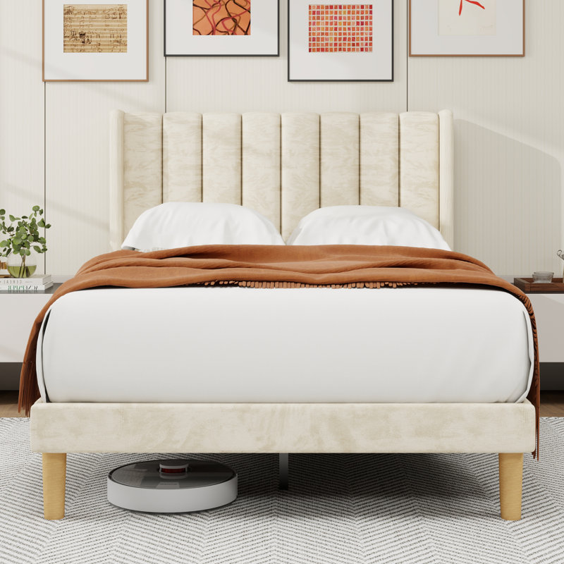 Sutter Upholstered Wingback Bed, Full / Double, Beige