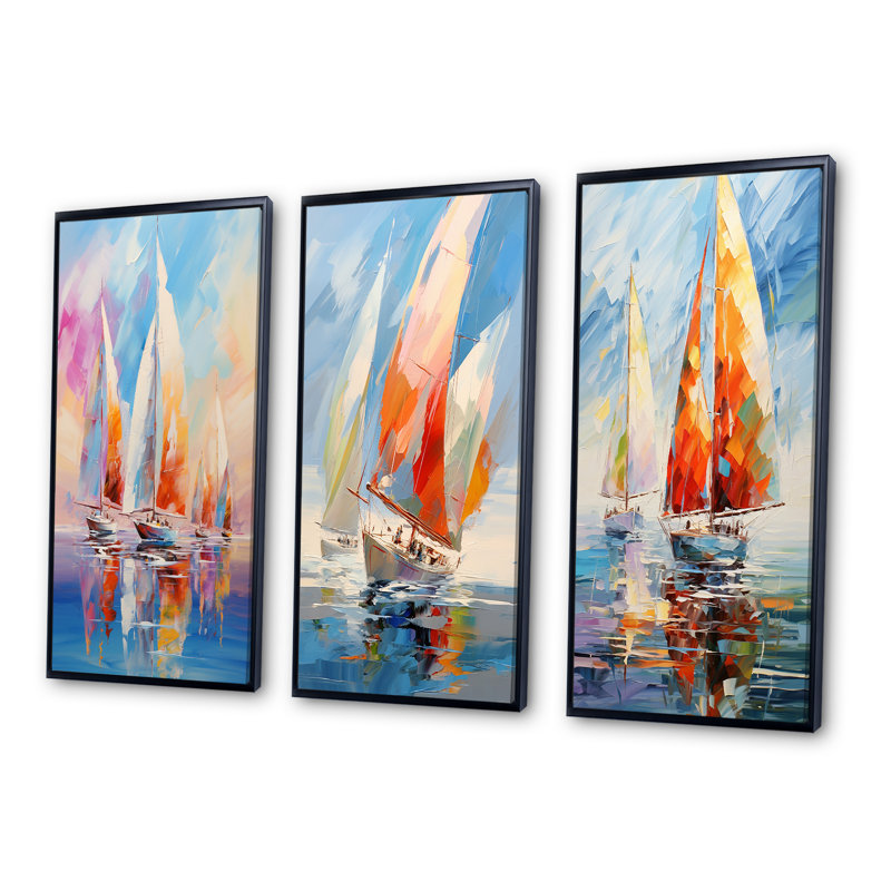 "Voiliers abstraits" - 3 pièces sur toile, H 40 po x l 60 po, Cadre flottant noir