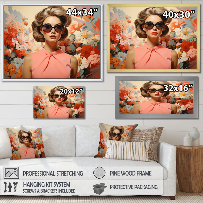 «Retro Floral Mid Century Woman Elegance I», art mural mode, Cadre d'angle fermé noir, H 12 po x l 20 po x P 1 po