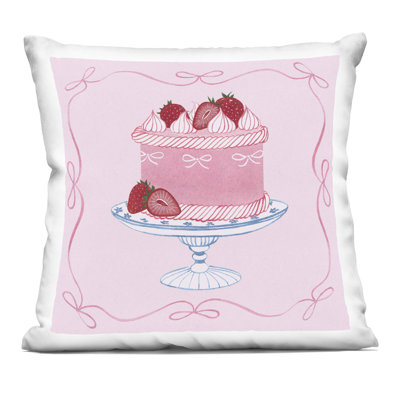 Pink Strawberry Cake Decorative Printed Throw Pillow, design by Grace Popp, 18 x 7 x 18
