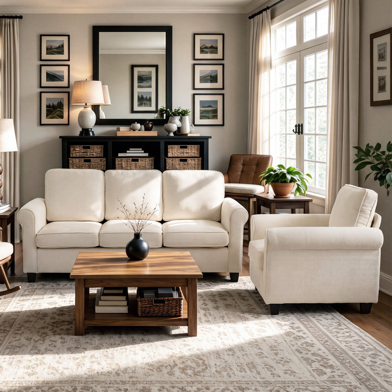 2-Piece Rolled Arms MCM Sofa with Chair Living Room Sets (Set of 2), Beige Chenille