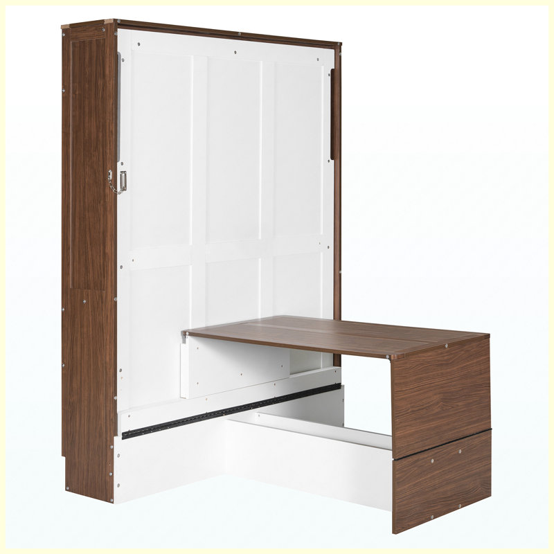 Full Size Murphy Bed with Foldable Desk, Walnut & White Finish, Space-Saving Wall Bed