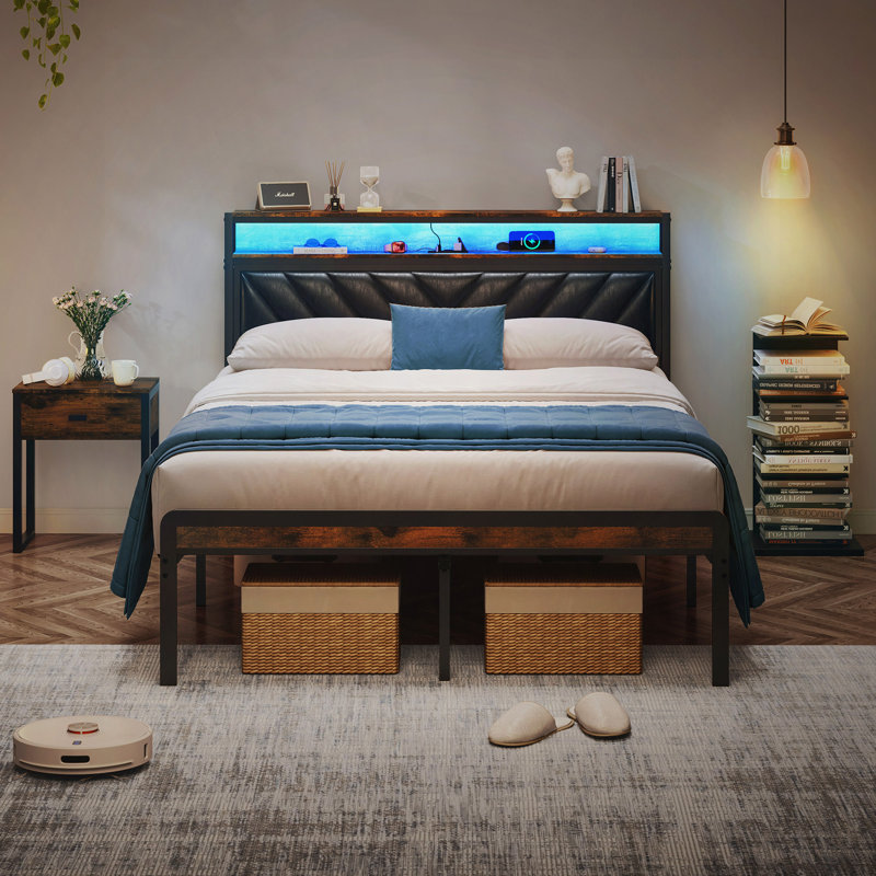 Metal Platform Bed Frame With Adjustable Upholstered Headboard And Charging Station, Queen, Antique Brown/Blue
