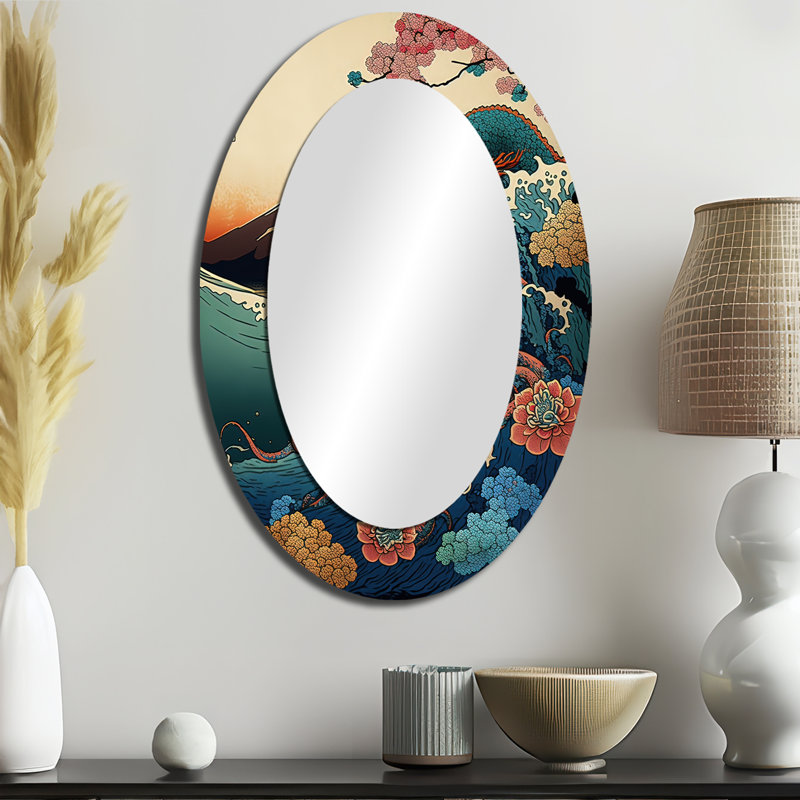 Paysage japonais avec lezard - Miroir décoratif paysager ovale sur métal, 36 po x 24 po