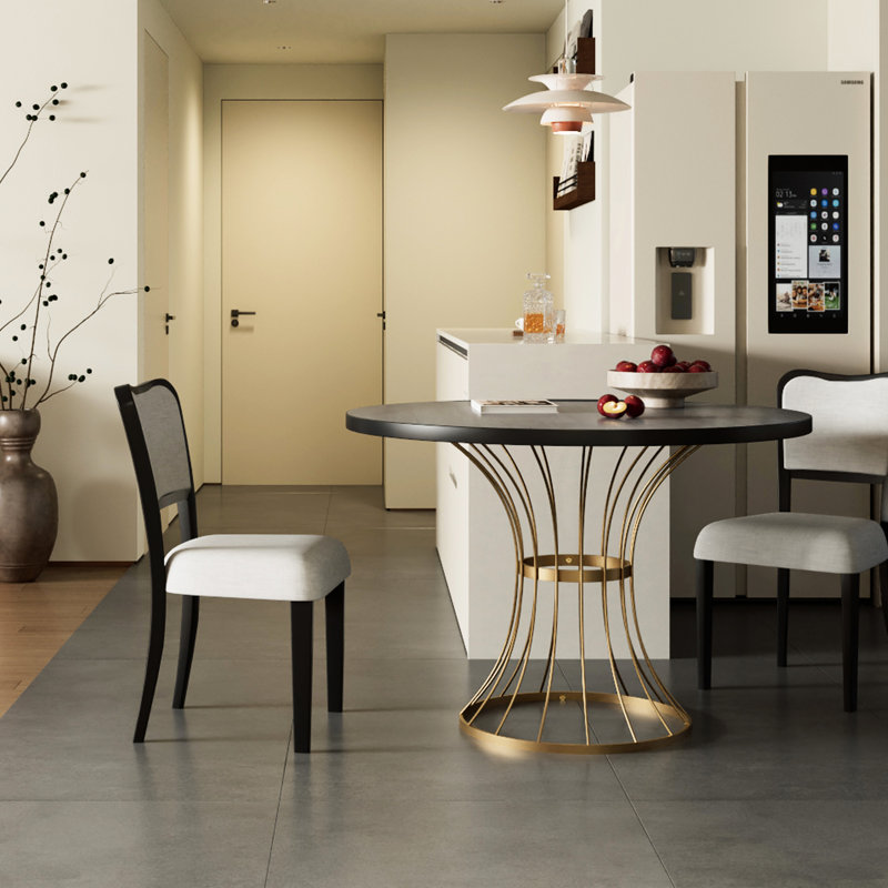 Ensemble de salle à manger 42 po rond en chêne foncé - table en placage d'apparence bois massif + 2 chaises rembourrées au fini noyer, base en fer robuste, meuble de coin-cuisine 3 pièces peu encombrant, style rustique-moderne