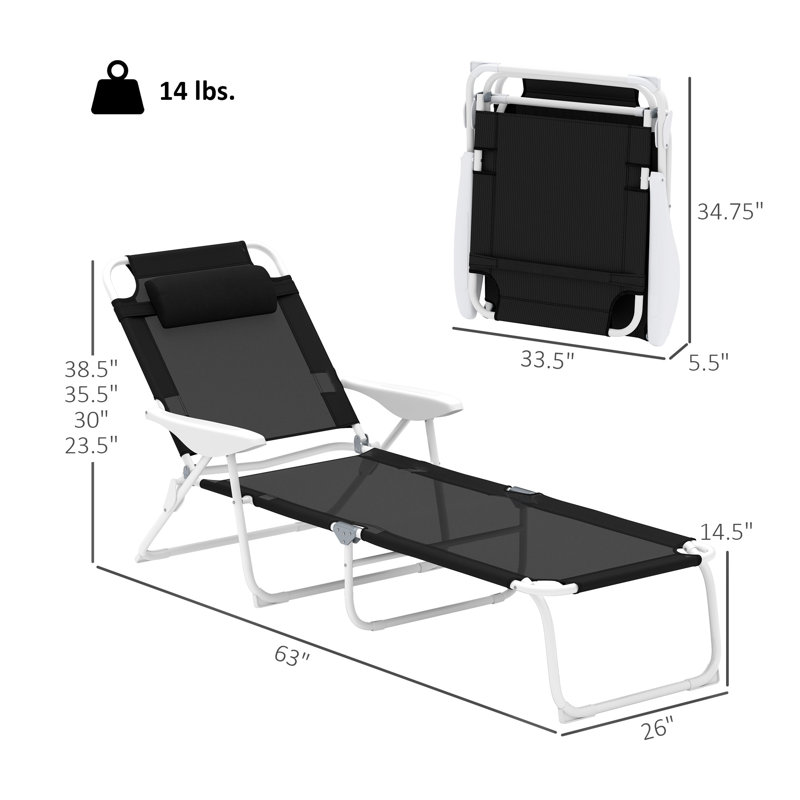 Chaise longue noire pliante d'extérieur - Chaise longue réglable en filet à 4 positions avec système de verrouillage triangulaire