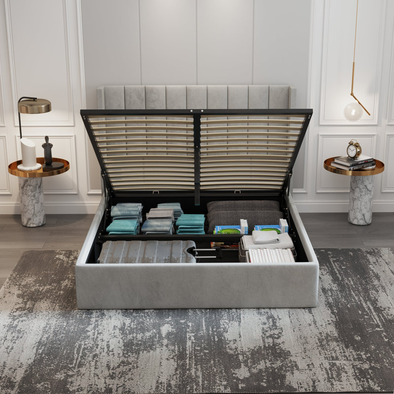 Krissandra Upholstered High Headboard Storage Bed w/Hydraulic Gas Lift, Wood Slat System & Under Bed Storage, Light Gray