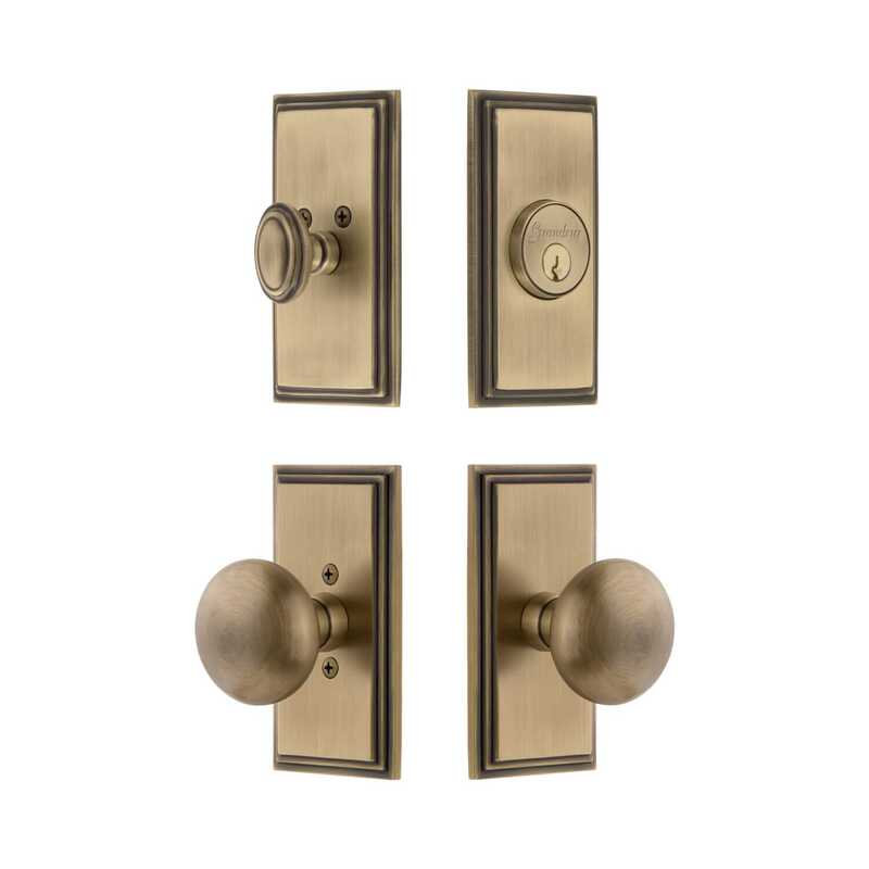 Grandeur Carre Short Plate Entry Set with Fifth Avenue Knob in Satin Nickel, 2.375", Vintage Brass