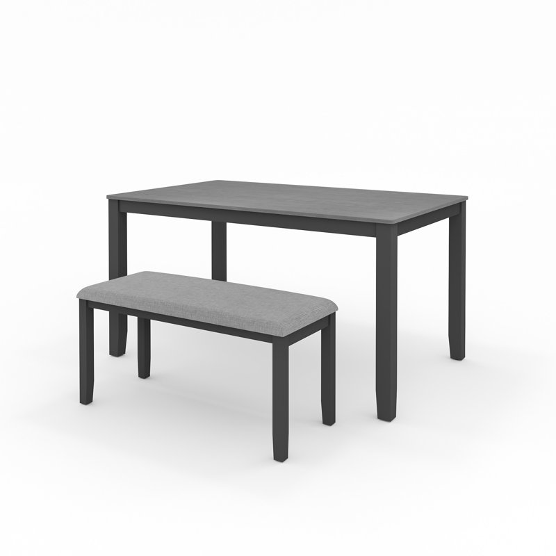 59" Solid Wood Dining Table And Bench Set, Black, Gray
