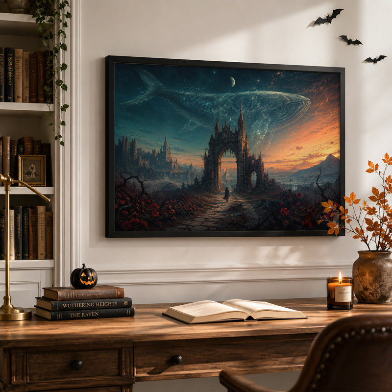 Baleine étoilée planant au-dessus d'une arche gothique et toile murale rouge d'Halloween, H 20 po x l 30 po
