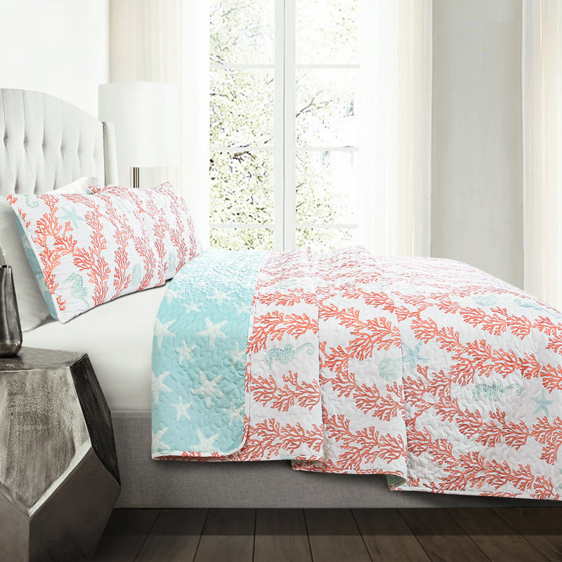 Queen Coral and Blue Cotton Reversible Quilt Set