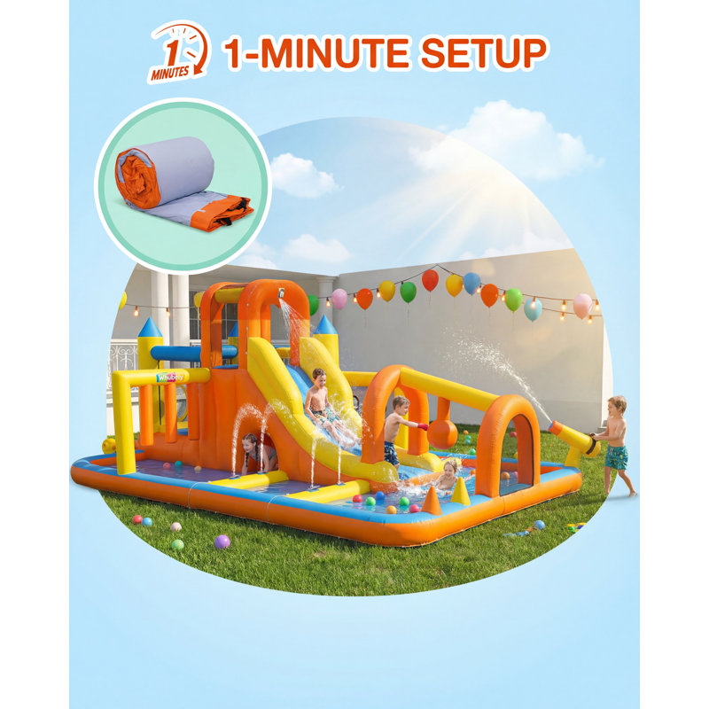 Parc aquatique gonflable de 15,7 pi avec centre d'activités 10-en-1, glissades doubles, mur d'escalade et souffleur certifié UL pour les enfants de 3 à 12 ans