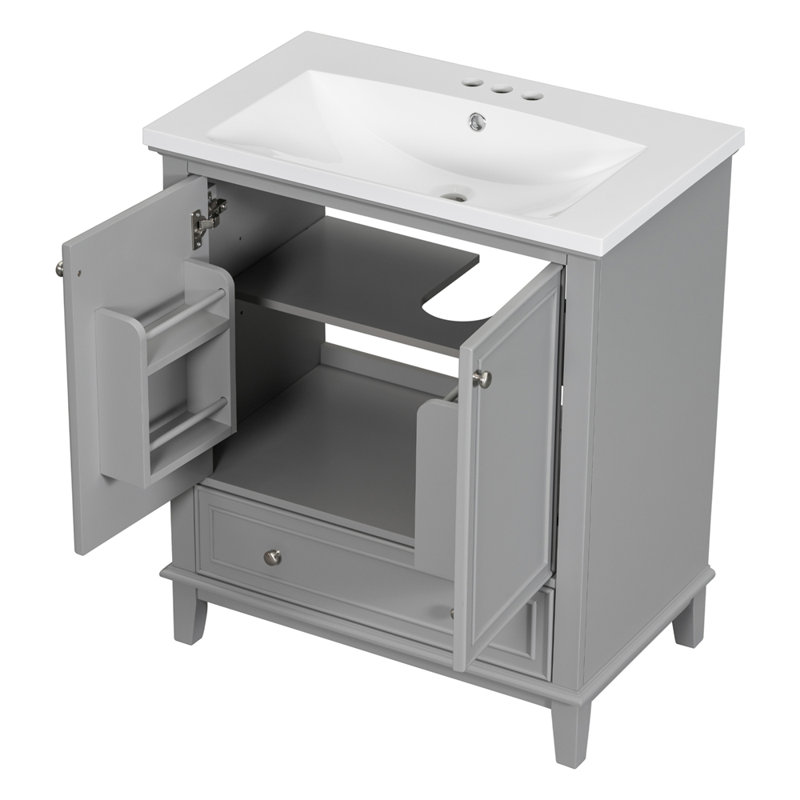 Ensemble de meuble-lavabo 30 po avec lavabo, armoire de salle de bain multifonctionnelle avec portes et tiroir, cadre solide et panneau de fibres à densité moyenne