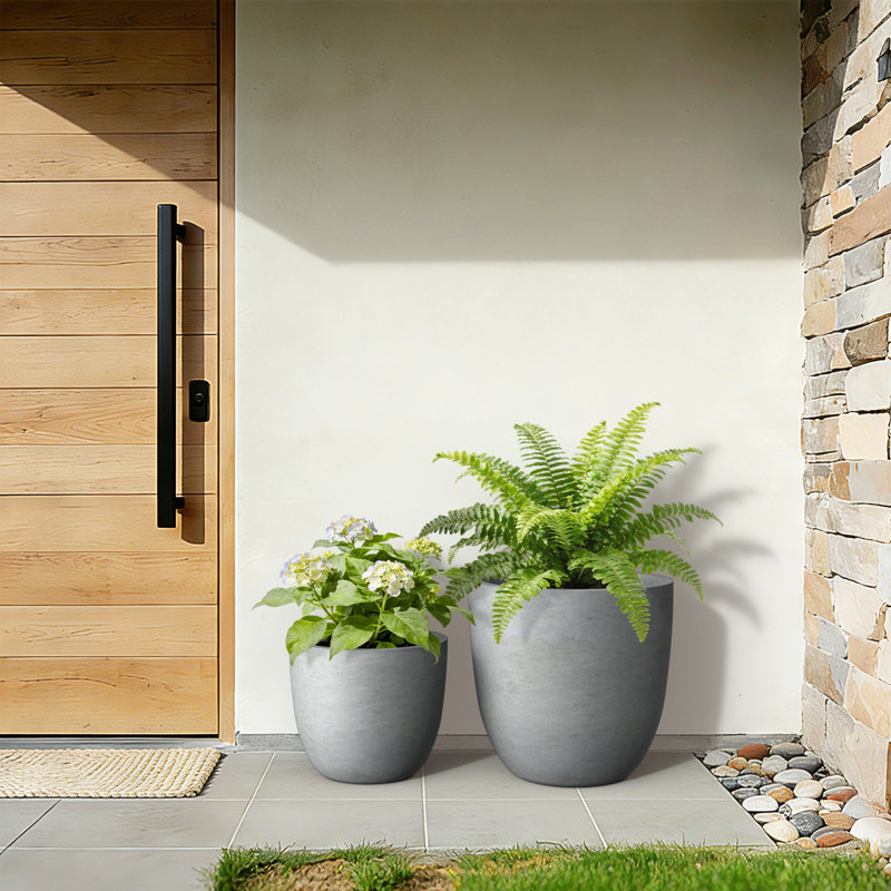 13.5" W x 11.5" H Medium Blue Gray Concrete Tall Round Planter / Pot with Drainage Hole for Indoor & Outdoor