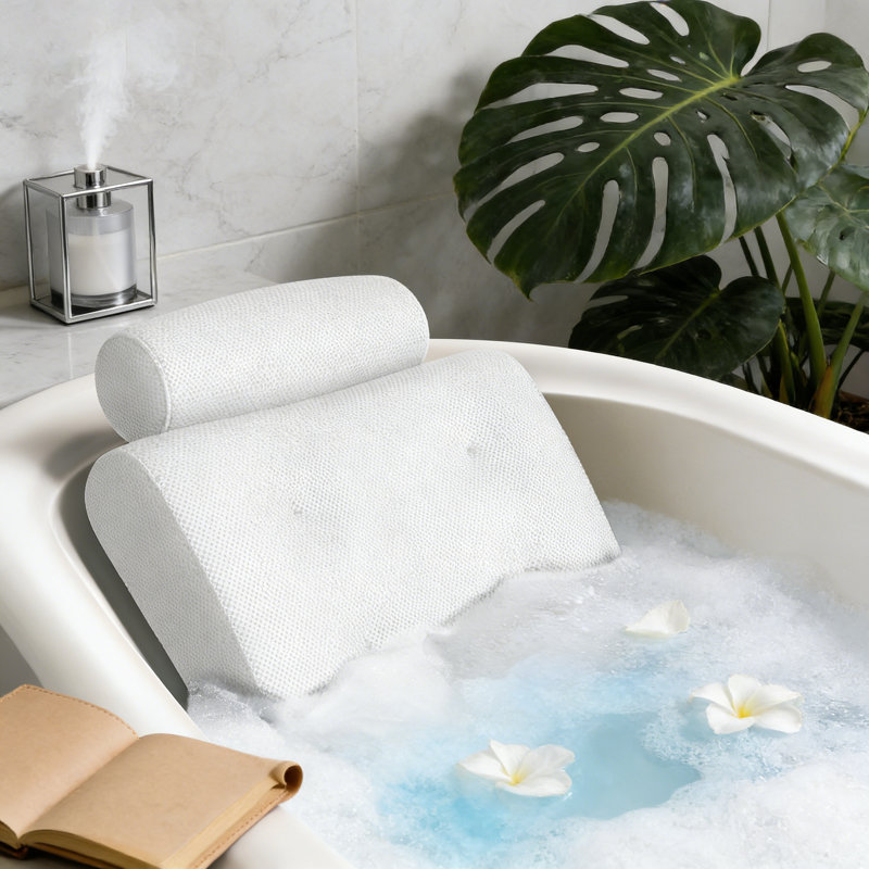 Oreillers de bain de luxe pour baignoire avec support pour la tête et le cou - Oreiller de baignoire antidérapant avec filet à séchage rapide et ventouses - Accessoires de spa et de spa pour les bains relaxants - Blanc
