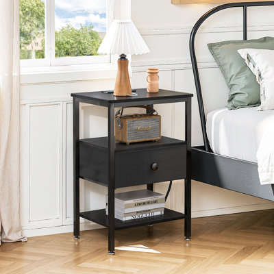 Table de bout avec station de charge, table de chevet mince avec tiroir de rangement en tissu, table d'appoint en bois pour petit espace, salon, chambre à coucher