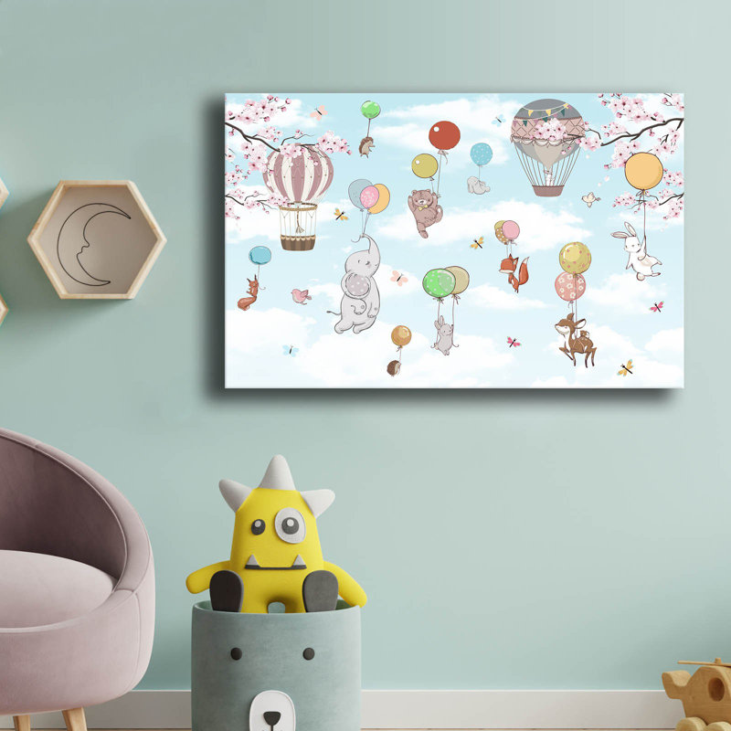 Art mural en toile avec des enfants et des ballons volants - 27,6 po x 17,7 po