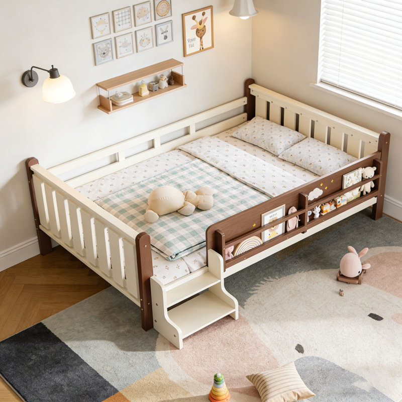 Floor Solid Wood Bed with Storage Bookcases with Cute Stairs and Guardrails, Bookcases, Beige+Natural, Queen