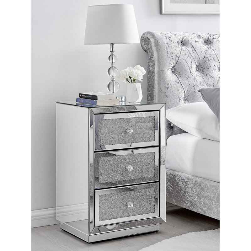 Stella Mirrored Bedside Table 3 Drawers Textured Modern Design