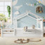 Lit double pleine grandeur avec garde-corps et toit, lit pour enfant avec petit plateau intégré et enseigne à installation gratuite, conception enfantine, blanc-403675940-403675941