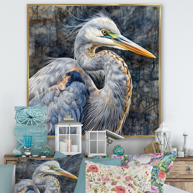 Heron Waterbird I - Heron, art mural, Cadre flottant doré, H 30 po x l 30 po x P 1 po