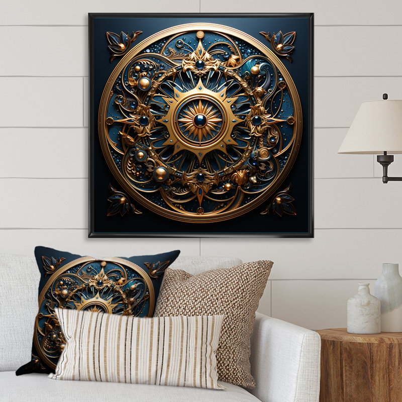 Or et sarcelle, fleurs 3D, phoque antique - Botanicals abstraits, art mural, 30" H x 30" W, Cadre flottant noir