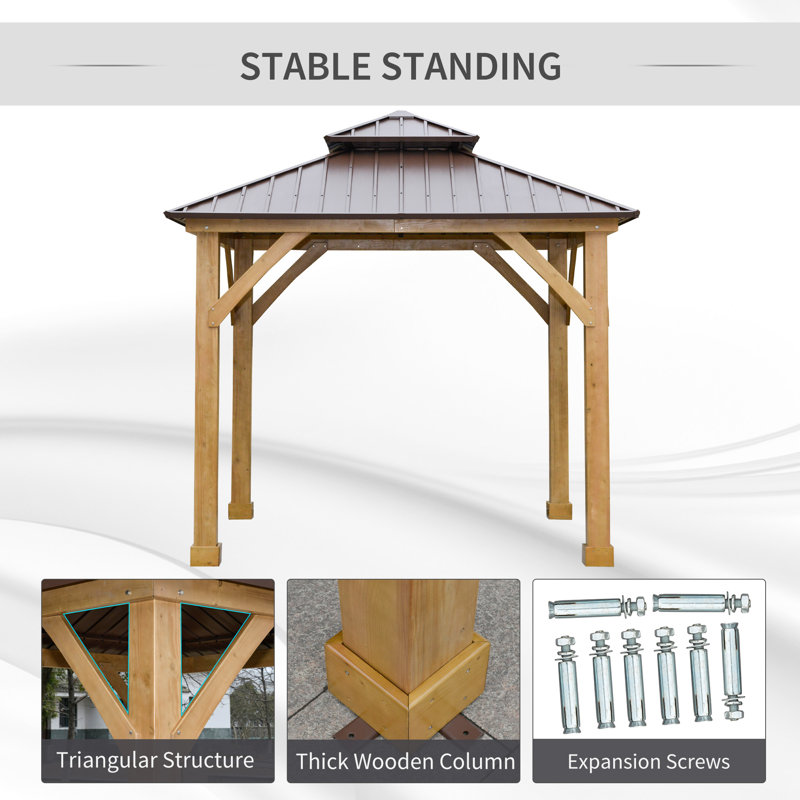 10x10 Brown Solid Wood and Steel Hardtop Gazebo