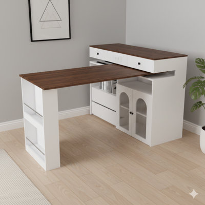 Expandable Kitchen Island with Rotating and Extendable Table Surface, MDF Construction with Walnut Veneer in Retro Style, Includes 4 Drawers, Glass-Front Cabinets, and Built-In Power Socket – Extendable Dining Station Seats 2 to 4 Persons
