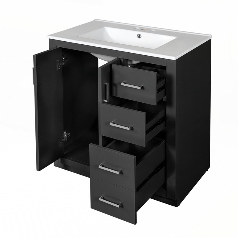 Meuble-lavabo de salle de bain avec lavabo en céramique et 3 tiroirs pour un rangement généreux, Noir
