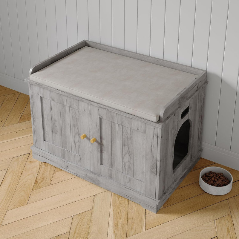 Enceinte de litière cachée avec porte de grange en bois pour chat
