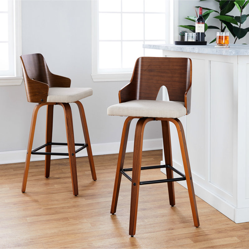 Tabouret de bar à hauteur fixe avec pivot en bois noir et tissu avec repose-pieds rond en métal noir - ensemble de 2