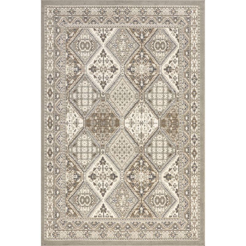 Tapis traditionnel carreauté gris / beige tissé à la machine Daye, Rectangle 9 pi x 12 pi