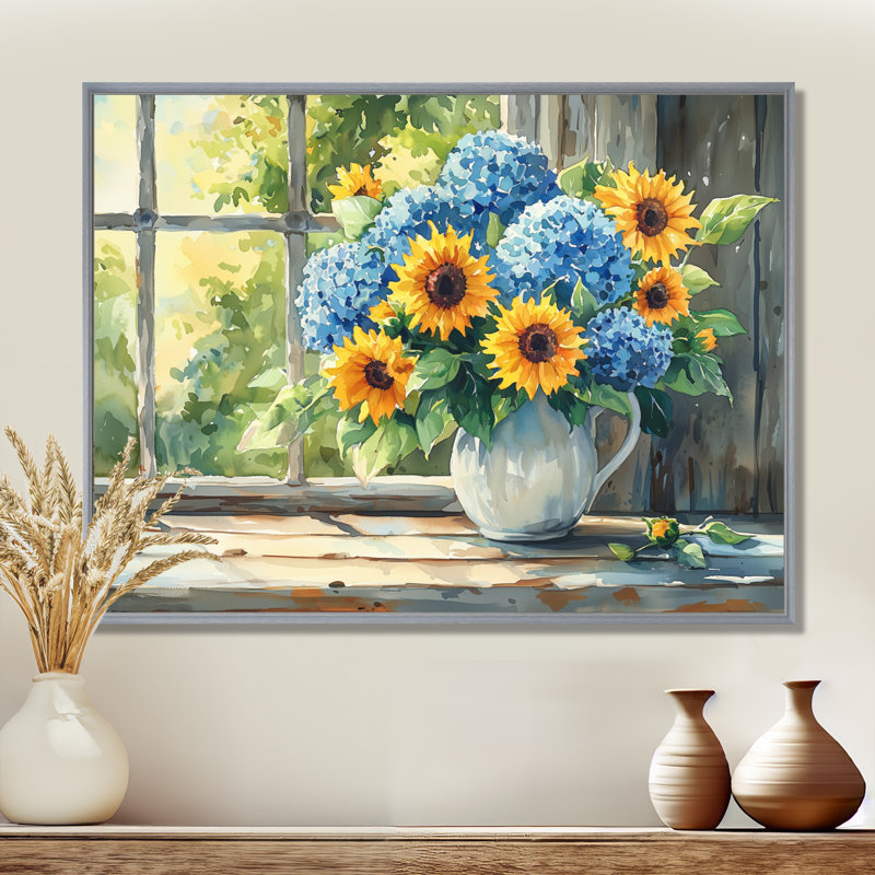 «Domella Hydrangeas And Sunflowers Farmhouse II - Hydrangea», art mural, H 24 po x l 32 po, Argent argent