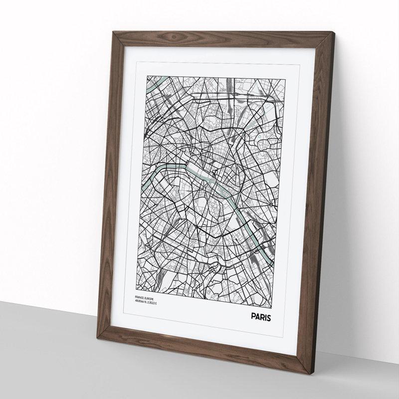 Map Paris France - Picture Frame Graphic Art, 65cm H x 48cm W x 2cm D, Walnut