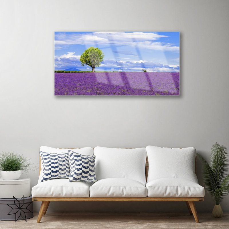 Glass Print Wall Art 100X50cm Image Printed On Glass Decorative Wall Picture Behind Toughened / Tempered Safety Real Glass For Kitchen & Living Room Theme: Meadow Tree Nature