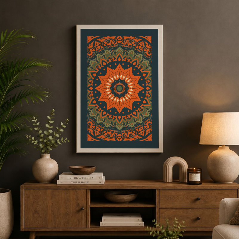Golden Mandala Geometric 1 Piece Wrapped Canvas Wall Art, 36x24 - 91.4 x 61.0 cm, Black Border