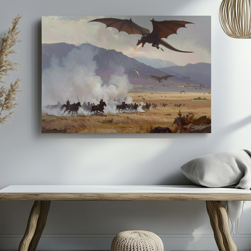 Toile, art mural fantastique, champ de bataille, Canvascavalry, charge et dragons dans le ciel, H 9 po x l 12 po