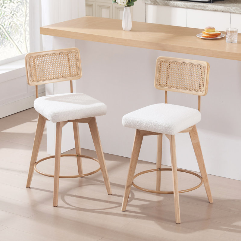 Uniondale Swivel Upholstered 66.5cm Counter Stool with Rattan Cane Back and Solid Wood Frame, White/ Natural 