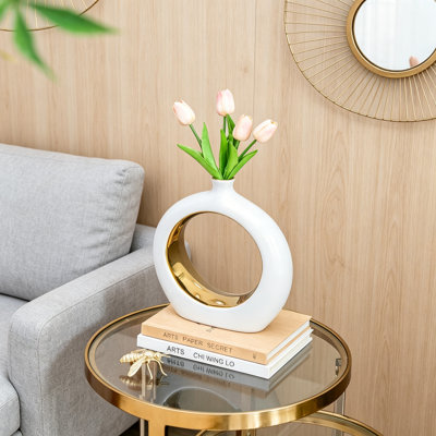 11X3.1X12" Round Vase,White/Gold