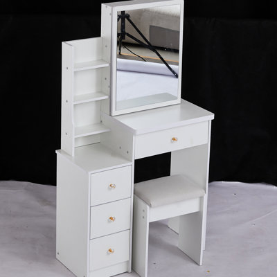 Table de coiffeuse compacte avec commode de chevet gauche, avec tabouret rembourré et grand miroir coulissant, rangement multicouche, chic pour les petits espaces, espace blanc - grandes pièces rembourrées avec armoire