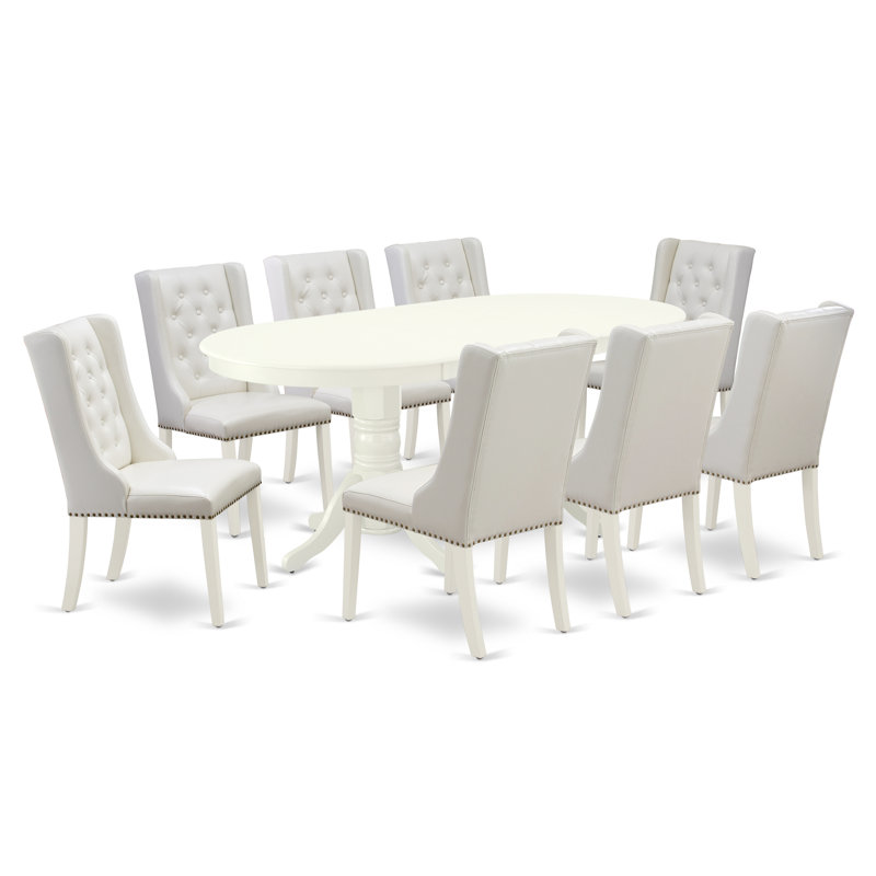 L'ensemble de salle à manger de cuisine 9 pièces comprend 1 rallonge papillon, une table à double piédestal et 8 chaises parsons en similicuir blanc avec dossier capitonné en lin blanc