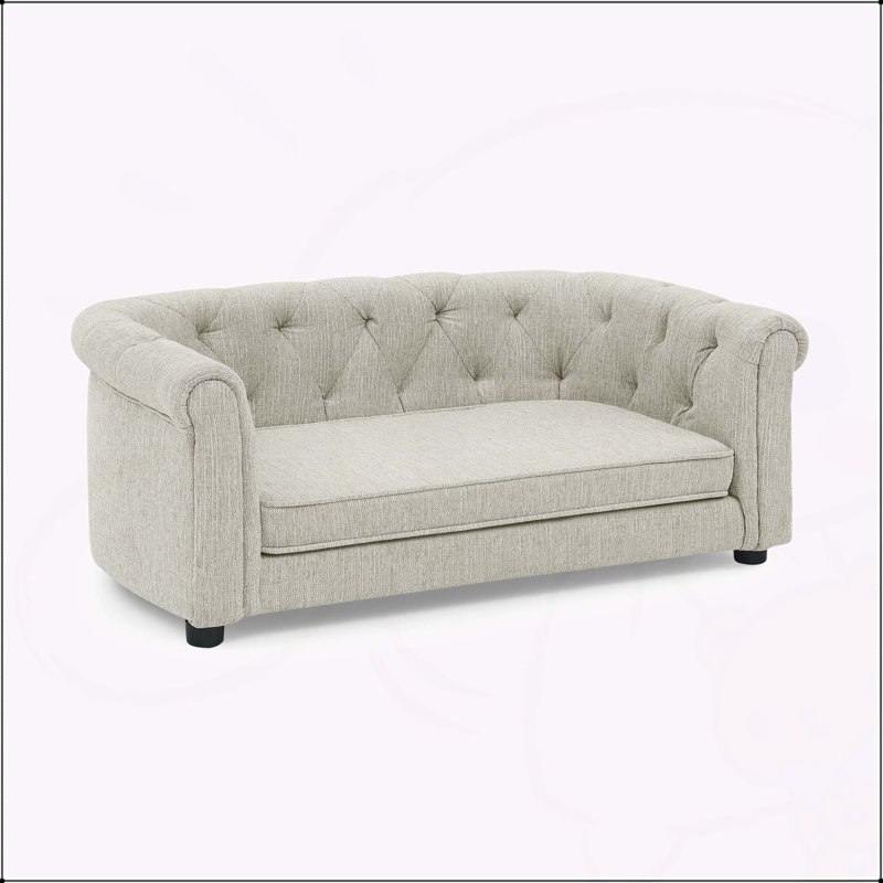 Canapé rectangulaire contemporain pour animaux de compagnie avec dossier et accoudoirs en forme d'arc, revêtement en lin respirant et coussin moelleux