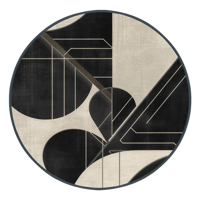 Machine Washable Carlstadt Mid-Century Modern Geometric Rug in Black – Black Binding, 6' Round