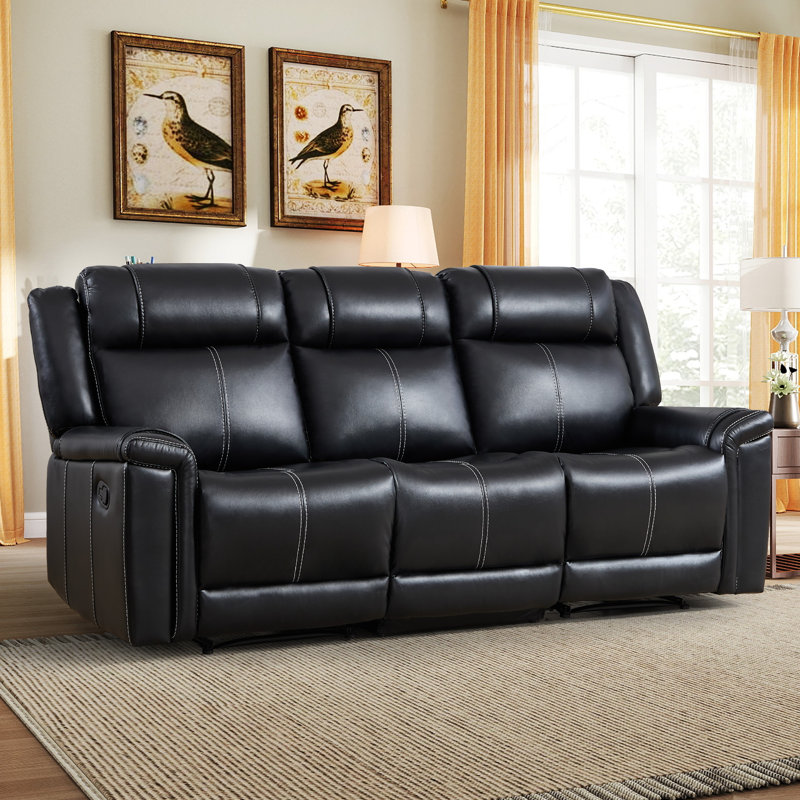 85'' Wide Modern and Overstuffed Vegan Leather Manual Reclining Sofa With Wide Backrest, Black