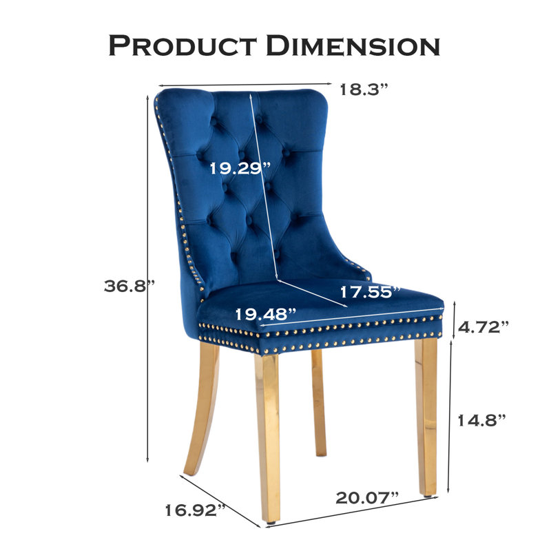 Chaise de salle à manger en velours avec anneau à dossier et pieds en bois massif, 2, Bleu foncé, Doré