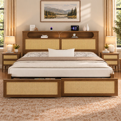 Structure de lit moderne en rotin avec rangement pour tête de lit et ports de chargement USB