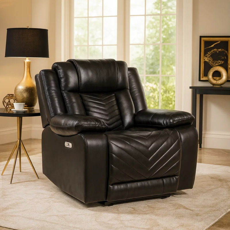 Power Reclining Chair, USB Ports And Blue LED, Foam Fill Black Faux Leather, Black