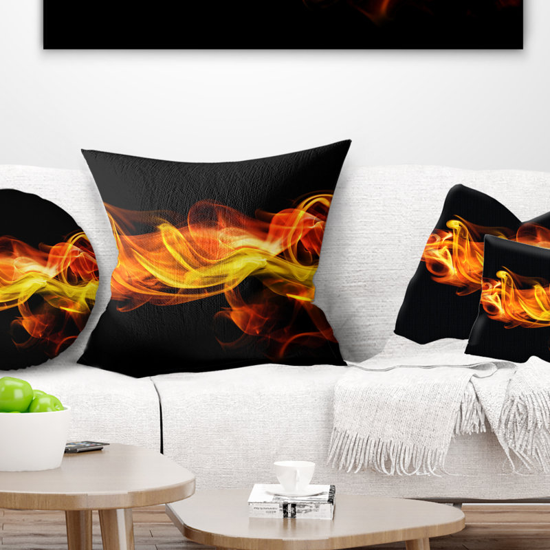 Coussin à imprimé abstrait fumée, 16 po x 1 po, Carré, Noir / Orange